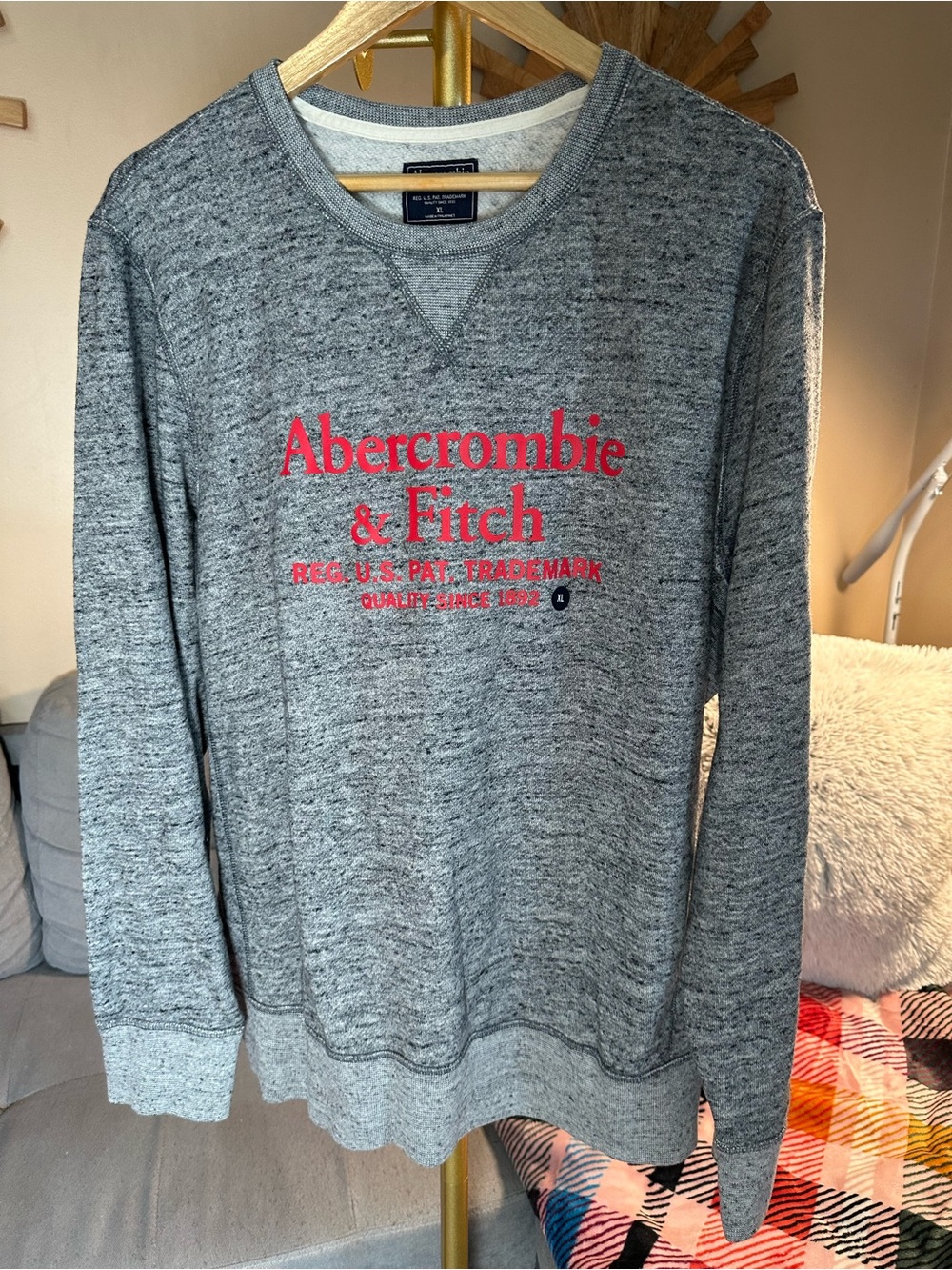 Abercrombie & Fitch Men's Gray Crewneck Sweatshirt with Red Logo Vintage Style